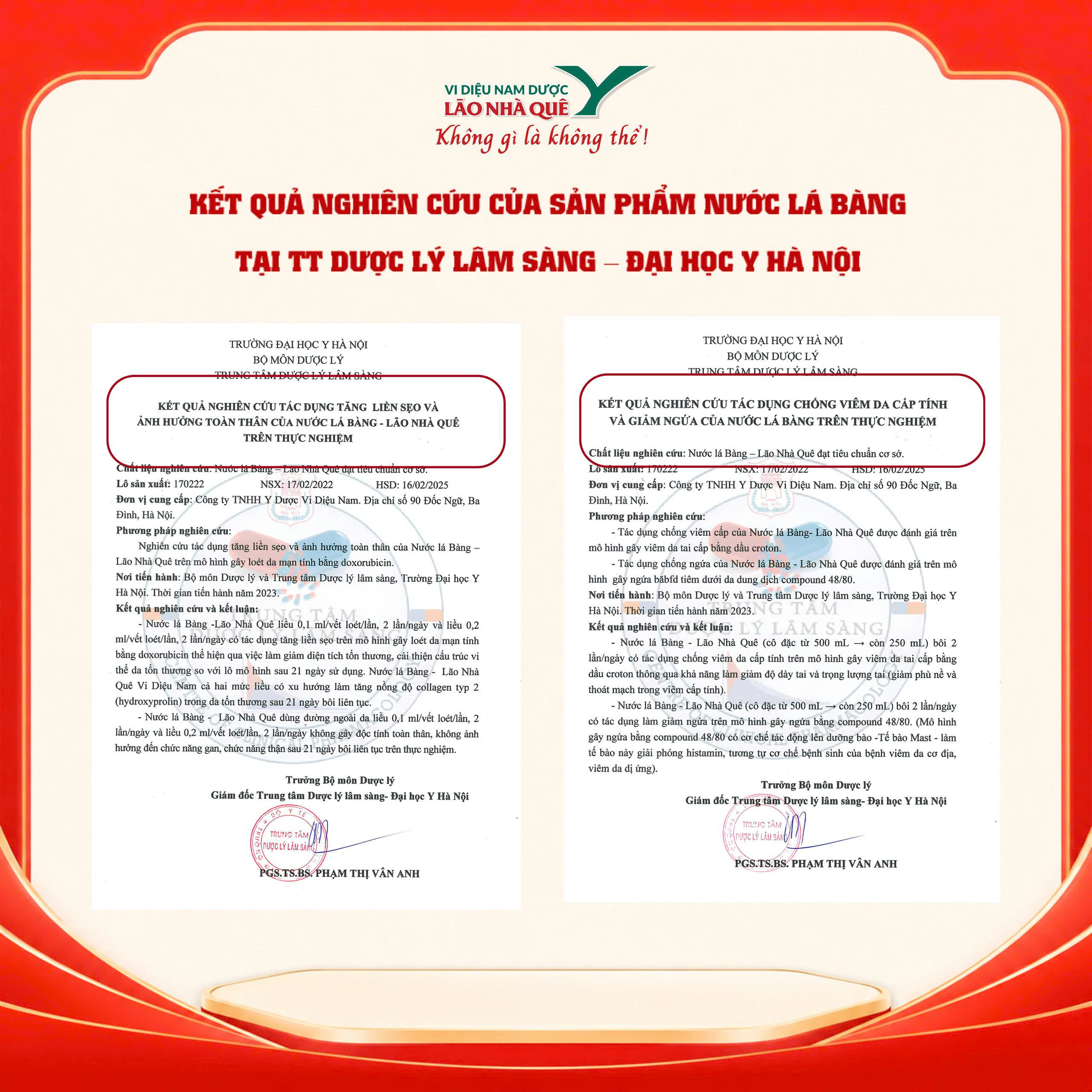 Chứng nhận nghiên cứu Nước Lá Bàng